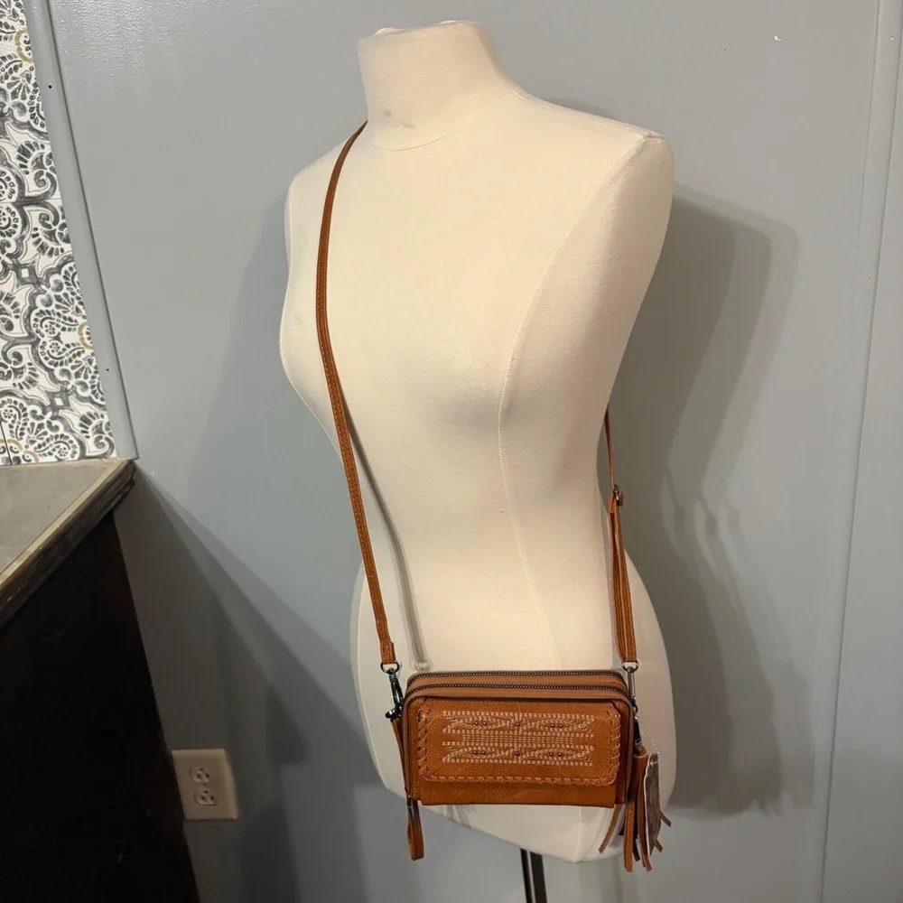 Sam & Hadley Cognac Brown‎ Vegan Leather Embroidered Beaded Crossbody Bag